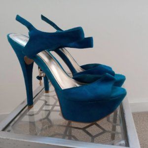 Blue Suede Platform Stilettos, Size 6